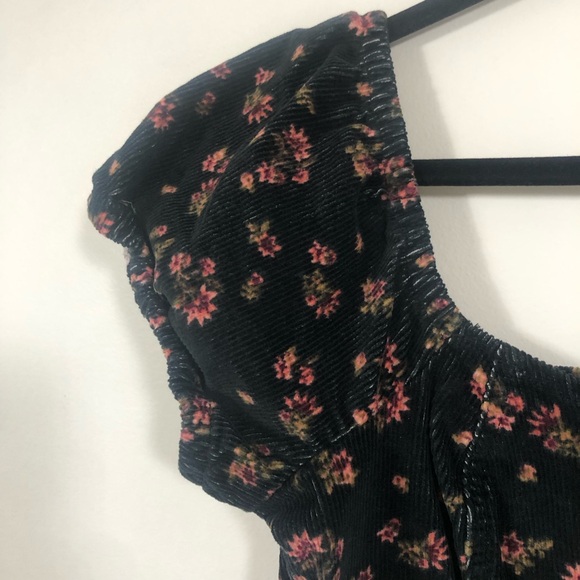 Black Floral Whimsygoth Puff Sleeve Corduroy Mini Dress Sweetheart Neck. Size L - Picture 6 of 16